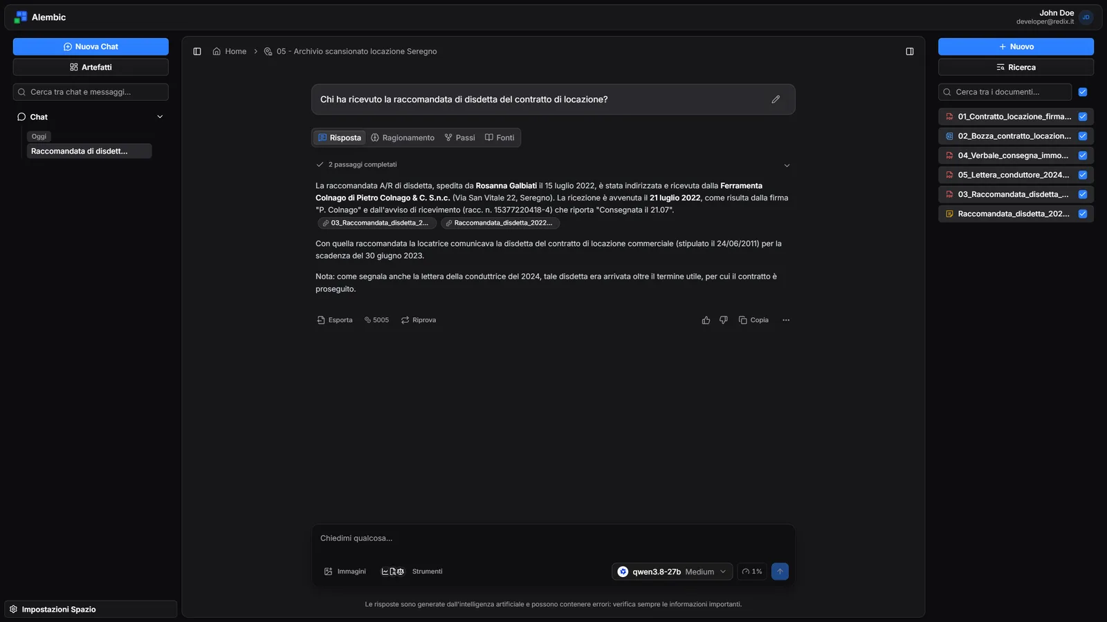 Una risposta di Alembic con le citazioni ai documenti da cui proviene ogni informazione