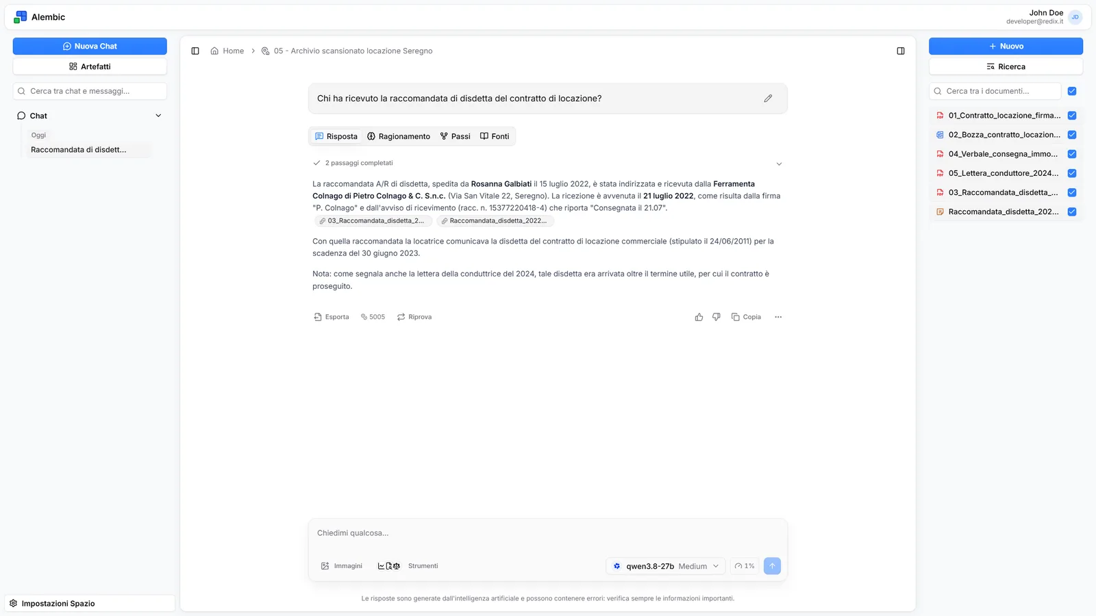 Una risposta di Alembic con le citazioni ai documenti da cui proviene ogni informazione