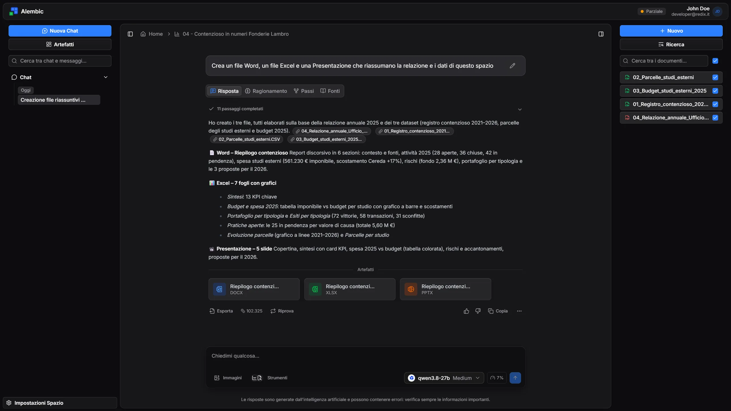 Alembic ha creato un documento Word, un foglio Excel e una presentazione a partire dai documenti dello spazio