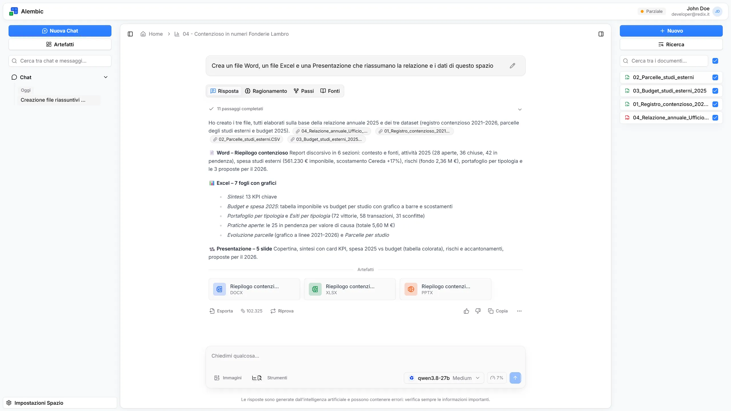 Alembic ha creato un documento Word, un foglio Excel e una presentazione a partire dai documenti dello spazio