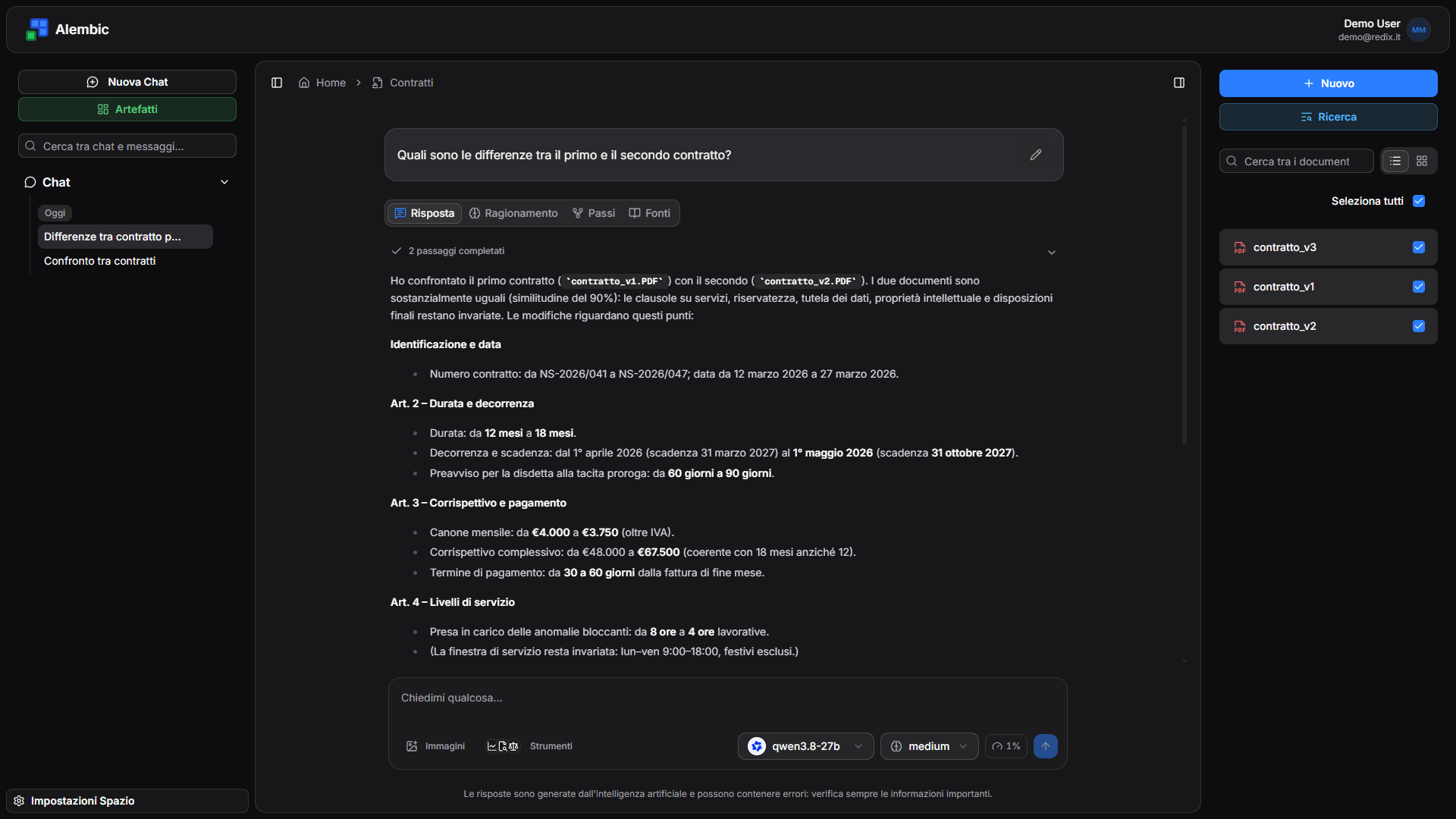 Alembic confronta due versioni di un contratto ed elenca le modifiche articolo per articolo