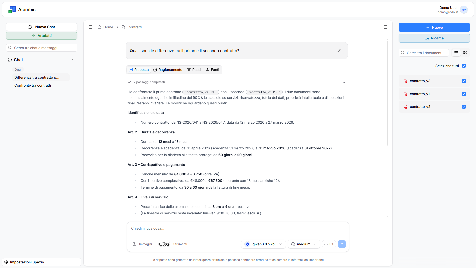 Alembic confronta due versioni di un contratto ed elenca le modifiche articolo per articolo